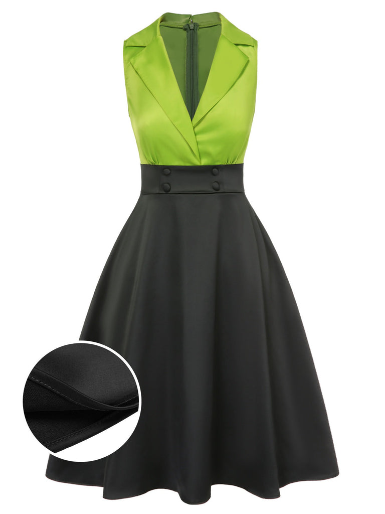 Abito in raso patchwork con revers verde anni '50