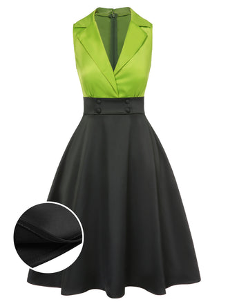 Abito in raso patchwork con revers verde anni '50