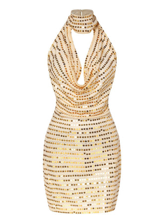 Abito con paillettes e scollo a V profondo beige anni '70