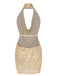 Abito con paillettes e scollo a V profondo beige anni '70