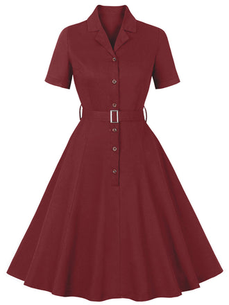 Abito con cintura e revers a tinta unita bordeaux anni '50
