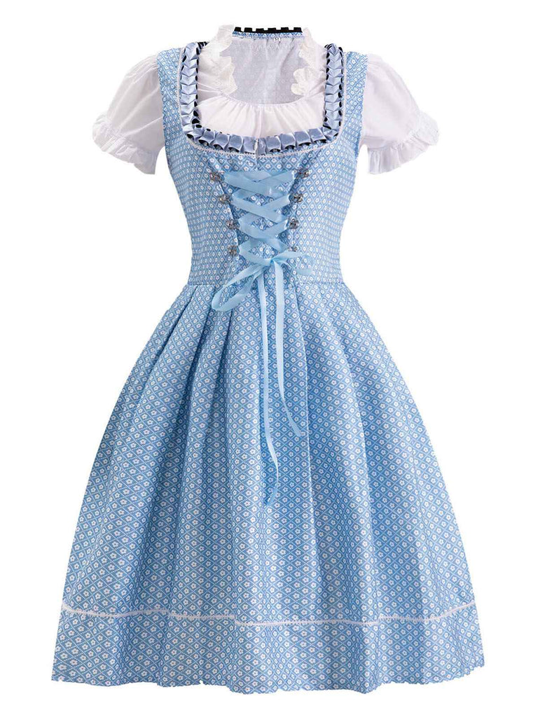 Completo con abito patchwork in pizzo Oktoberfest blu anni '50