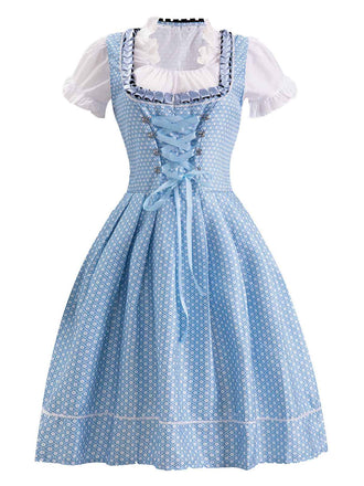 Completo con abito patchwork in pizzo Oktoberfest blu anni '50
