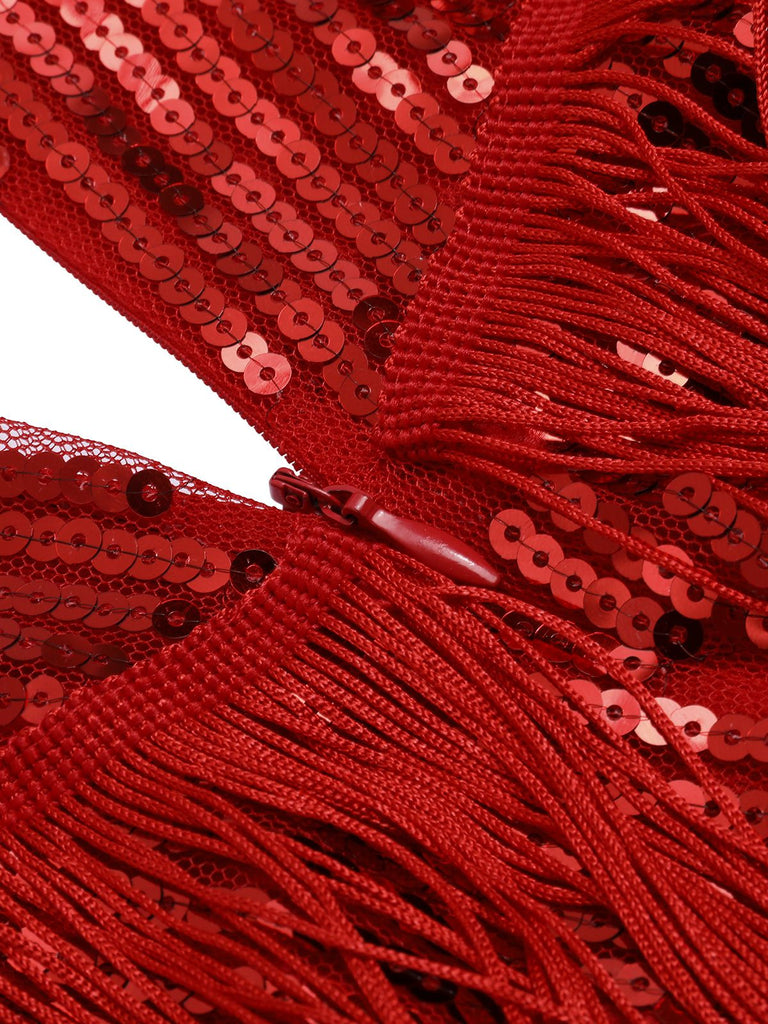Abito rossa frange di paillettes spalline sottili anni '20