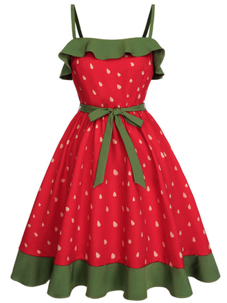 [Taglia Forti] Abito a balze e fragola cintura rosso anni '50