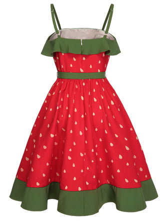 [Taglia Forti] Abito a balze e fragola cintura rosso anni '50