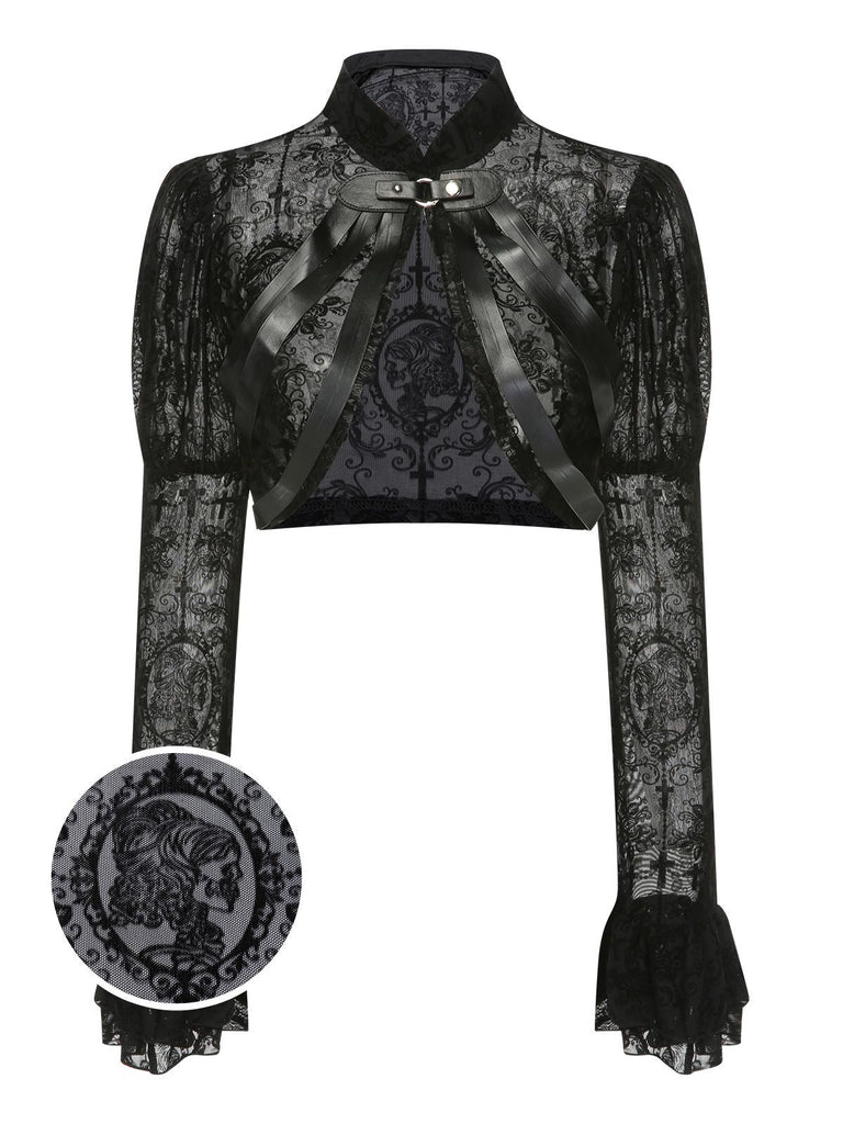Top con fibbia in pizzo gotico di Halloween nero anni '60