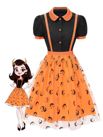 2PCS Camicetta colletto Peter Pan e gonna faccina sorridente Halloween anni '40