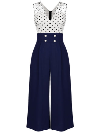 [Taglia Forti] Tuta lunga a pois patchwork blu scuro anni '30
