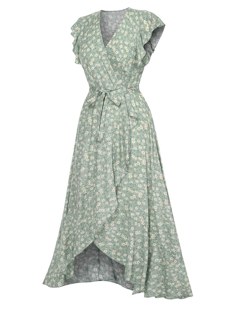 Abito floreale e orlo irregolare scollo a V verde anni '40