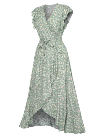 Abito floreale e orlo irregolare scollo a V verde anni '40