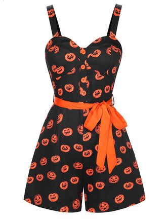 Tuta corta con faccia di zucca Halloween nero anni '50