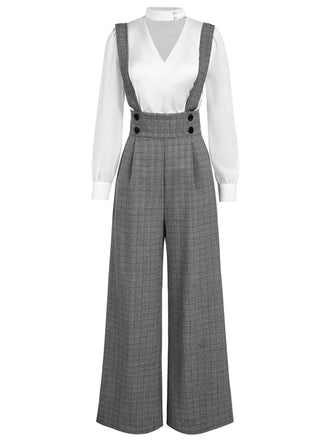 2PCS camicetta  maniche a sbuffo in raso e pantaloni anni '40