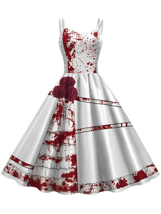 Abito macchie di sangue e rose con spalline Halloween anni '50