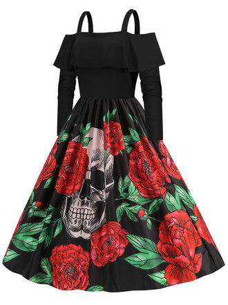 Abito con rose e teschio Halloween spalle scoperte nero anni '50