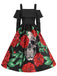 Abito con rose e teschio Halloween spalle scoperte nero anni '50
