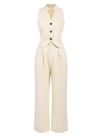 2PCS Canotta bottoni e pantaloni a gamba larga beige anni '60