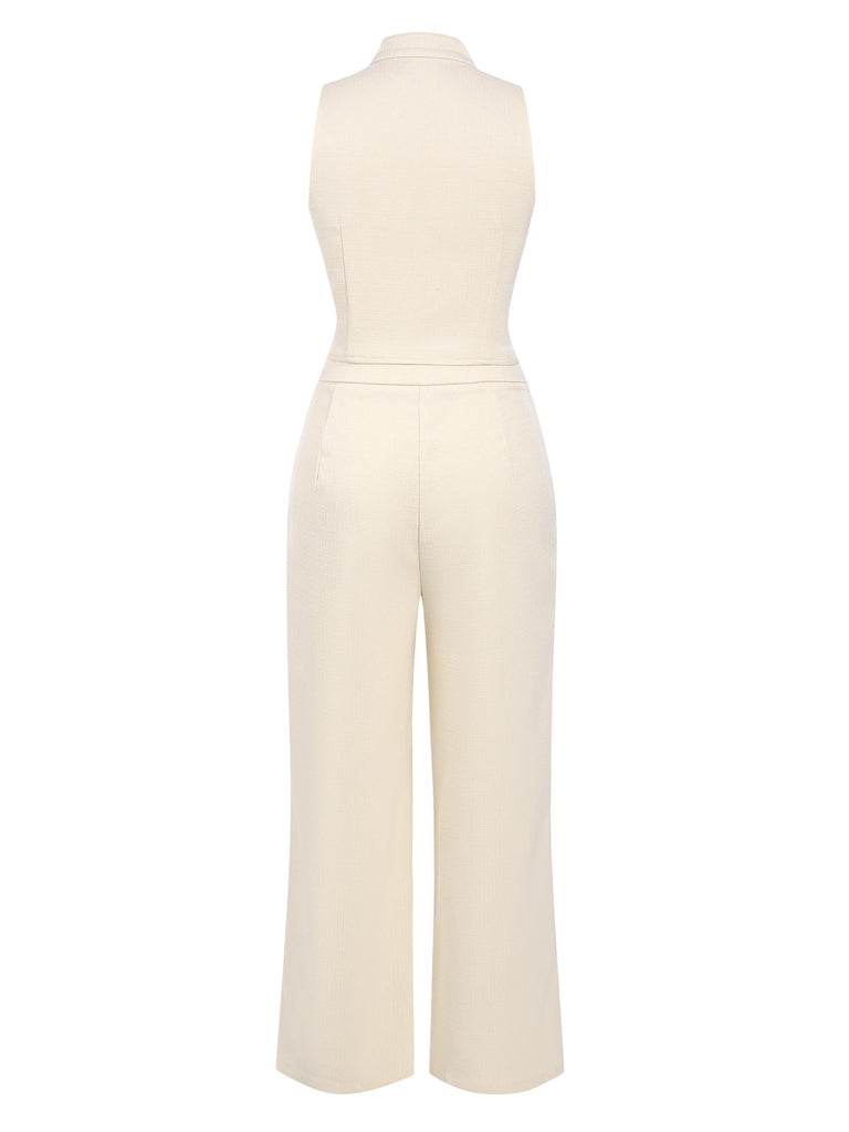 2PCS Canotta bottoni e pantaloni a gamba larga beige anni '60