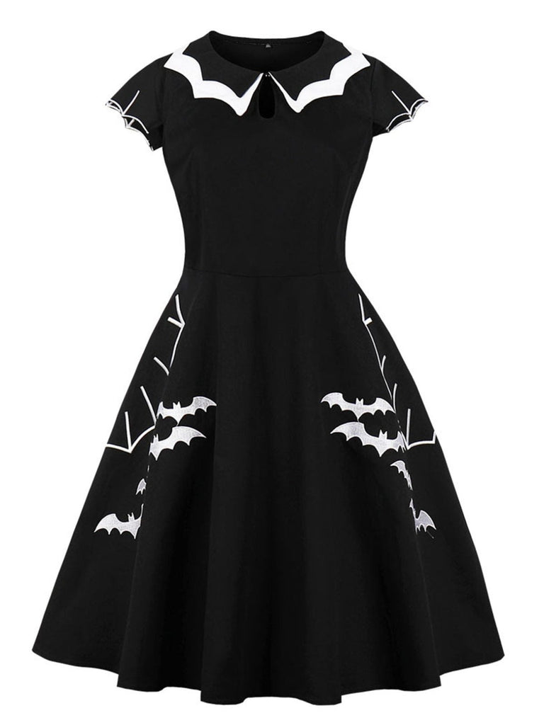 Abito ricamato con colletto a pipistrello Halloween nero anni '50