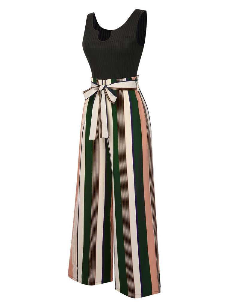 Tuta lunga nera a righe in maglia cintura anni '50