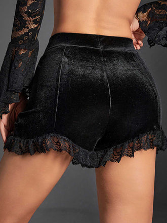 Pantaloncini plissettati in pizzo di velluto nero anni '70