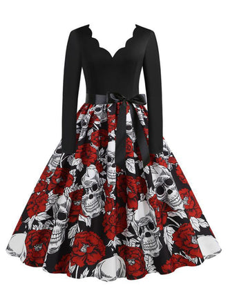 Abito teschio rose con colletto a petalo Halloween nero anni '50