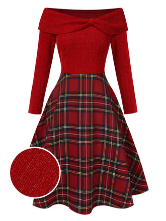 Abito a quadri con spalle scoperte stile natalizio rosso anni '50