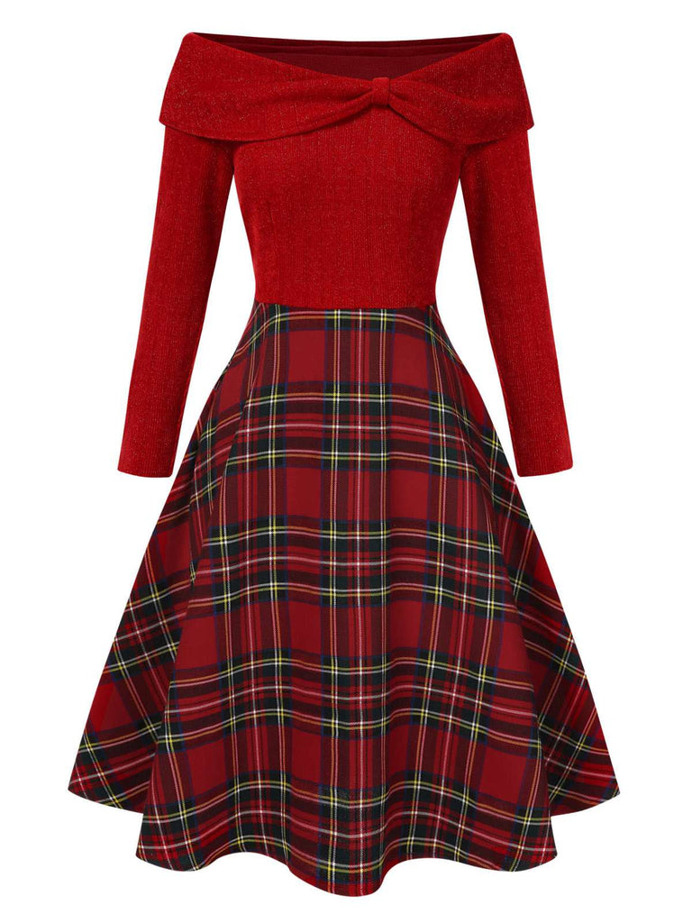 Abito a quadri con spalle scoperte stile natalizio rosso anni '50