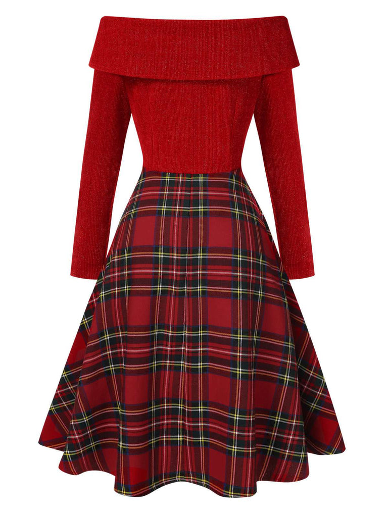 Abito a quadri con spalle scoperte stile natalizio rosso anni '50
