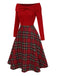 Abito a quadri con spalle scoperte stile natalizio rosso anni '50