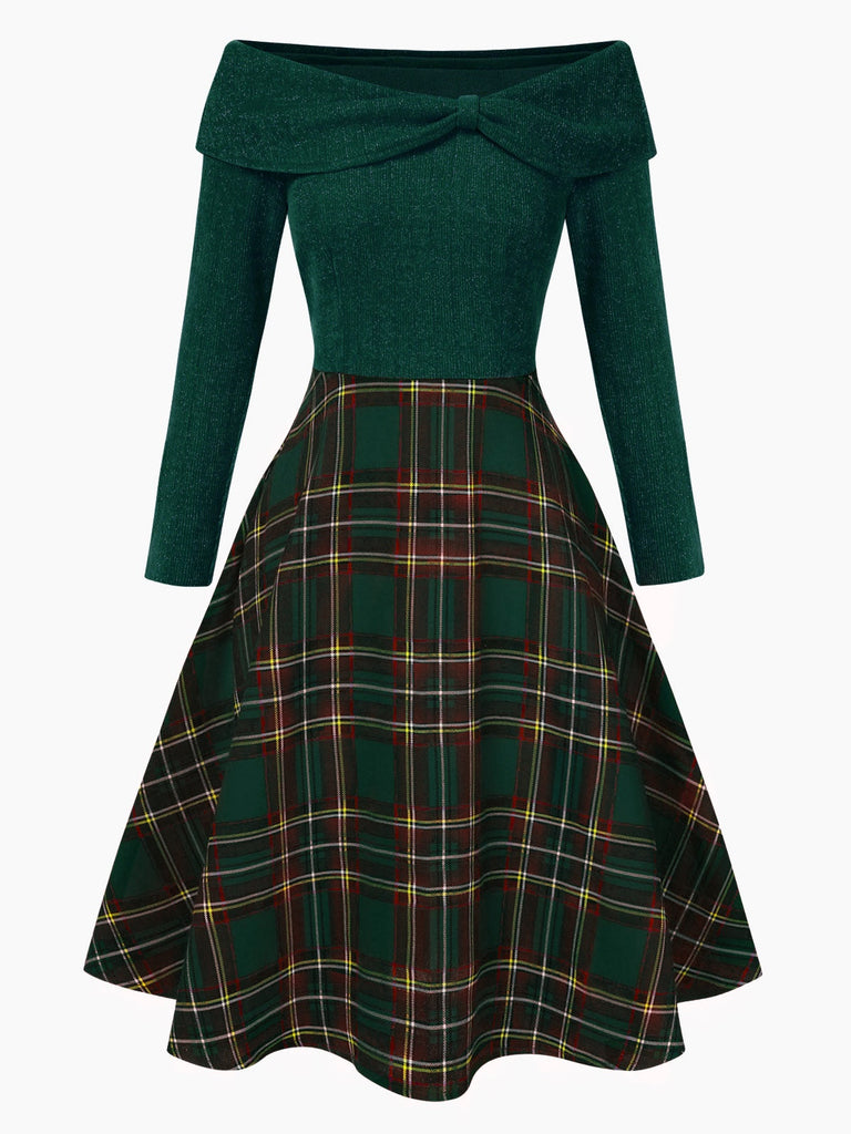 Abito a quadri con spalle scoperte stile natalizio rosso anni '50