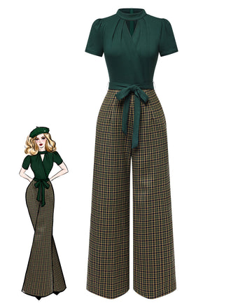 Tuta lunga plaid scollo a buco della serratura verde anni '30