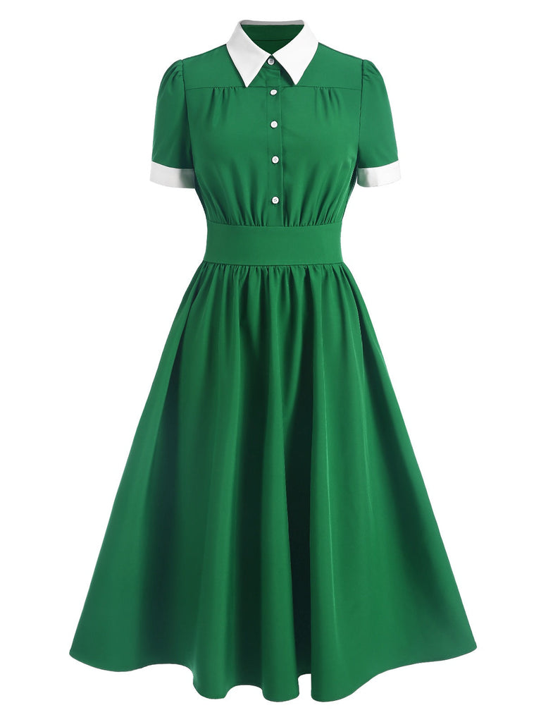 Abito con colletto a camicia a contrasto verde anni '40