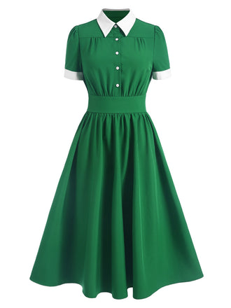 Abito con colletto a camicia a contrasto verde anni '40