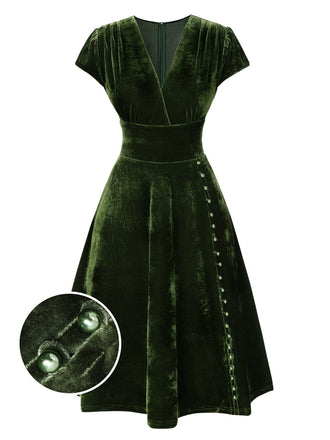 Abito in velluto perla scollo a V profondo verde anni '40