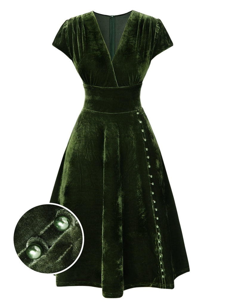 Abito in velluto perla scollo a V profondo verde anni '40