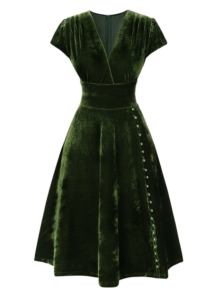 Abito in velluto perla scollo a V profondo verde anni '40