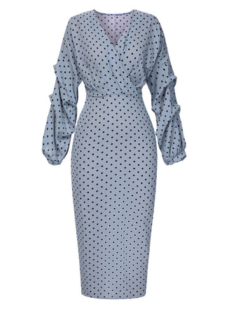 Abito a tubino con scollo a V e pois blu anni '60
