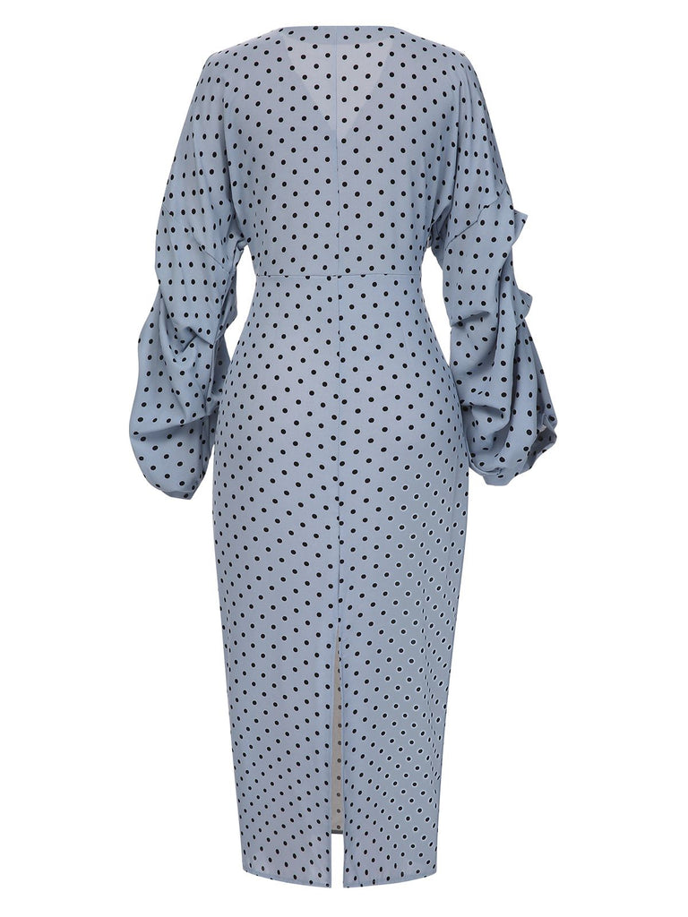 Abito a tubino con scollo a V e pois blu anni '60
