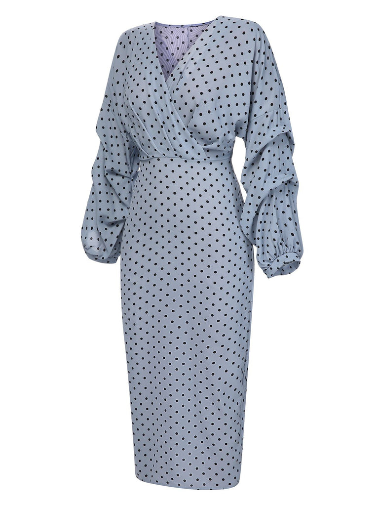 Abito a tubino con scollo a V e pois blu anni '60