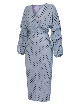 Abito a tubino con scollo a V e pois blu anni '60