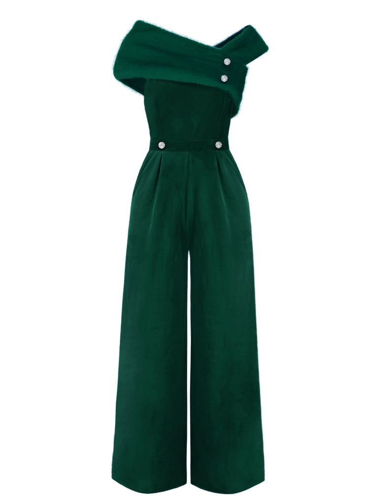 Tuta lunga in velluto spalle scoperte bottoni verde anni '50