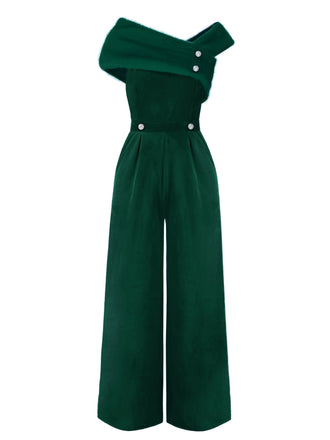 Tuta lunga in velluto spalle scoperte bottoni verde anni '50