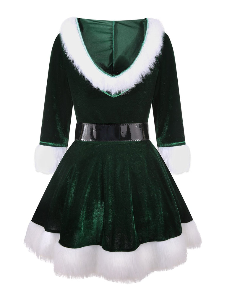 Abito con cappuccio in velluto natalizio verde anni '60