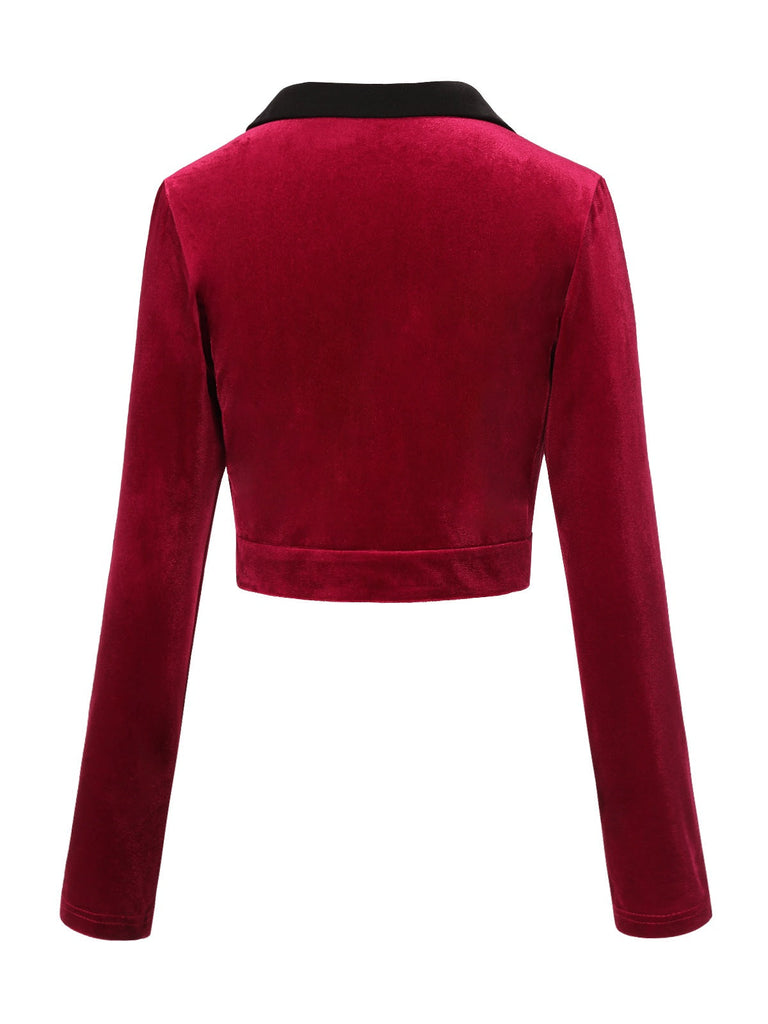 Giacca bolero in velluto con risvolto a contrasto rosso anni '30