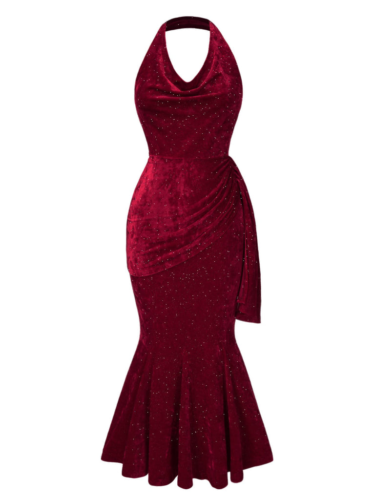 Abito a sirena scollo a cappuccio glitter rosso intenso anni '30