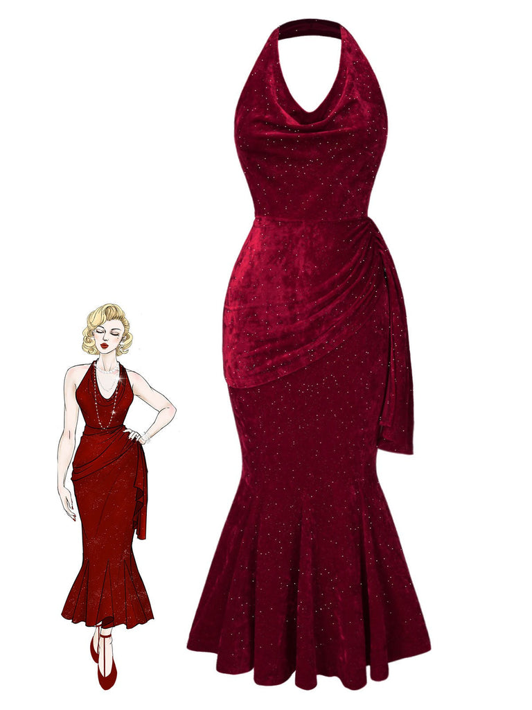 Abito a sirena scollo a cappuccio glitter rosso intenso anni '30