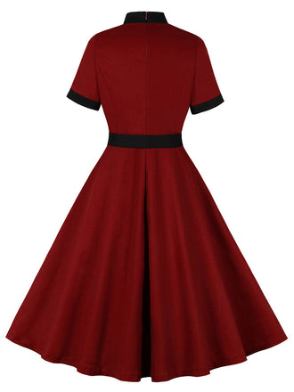 Abito contrasto con collo annodato patchwork bordeaux anni '50