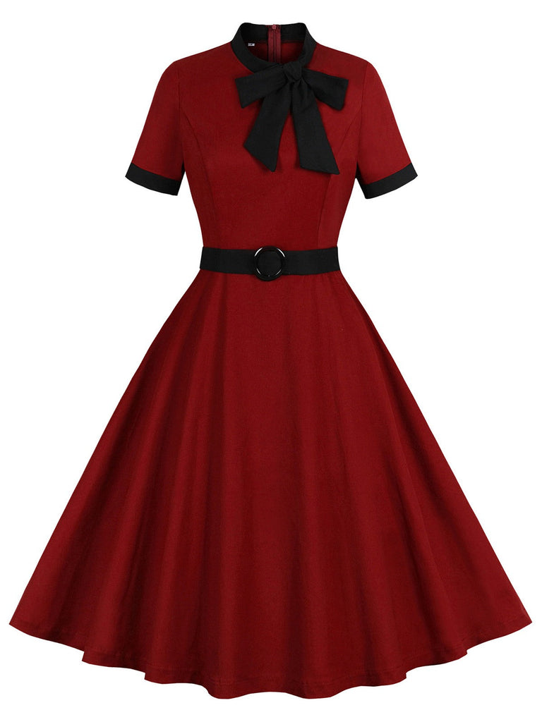 Abito contrasto con collo annodato patchwork bordeaux anni '50