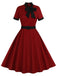 Abito contrasto con collo annodato patchwork bordeaux anni '50